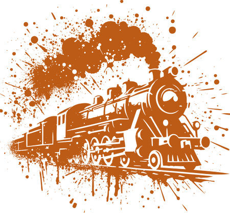 vintage train moving forward stencil design with torn edges and dripsのイラスト素材