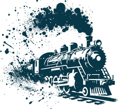 vintage train with smoke from the pipe rides on rails drawing torn dirty edges with drops of paintのイラスト素材