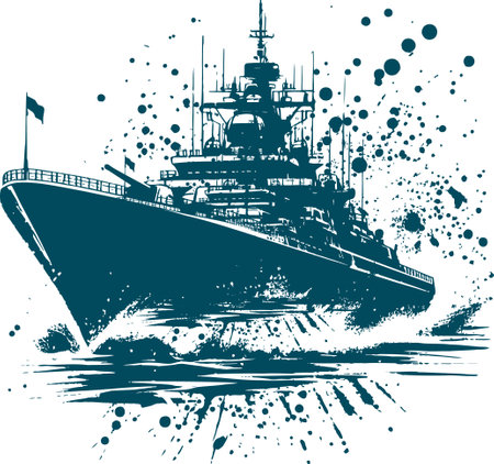Vector illustration of a warship on the water in grunge style.のイラスト素材
