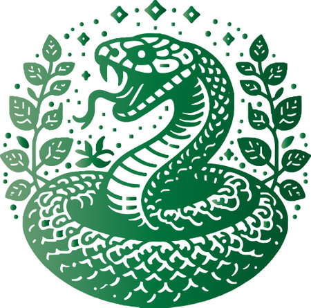 Stencil vector image of a snake in a coiled position with vegetation designのイラスト素材