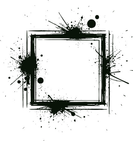 Black grunge square frame with splashes and blots on white backgroundのイラスト素材