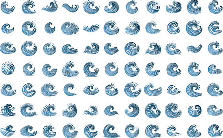 Set of vector stylized waves in blue on white background for decorative useのイラスト素材