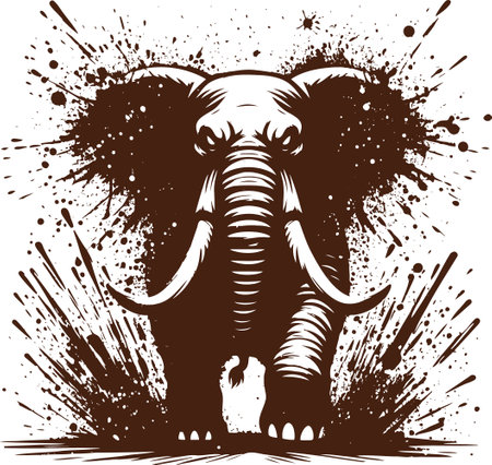 Vector monochrome illustration of running forward angry big elephant with splashes on transparent backgroundのイラスト素材