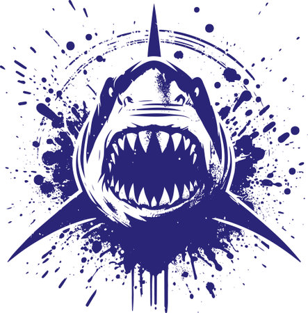 Vector monochrome illustration of an angry shark with an open toothy mouth on a transparent backgroundのイラスト素材