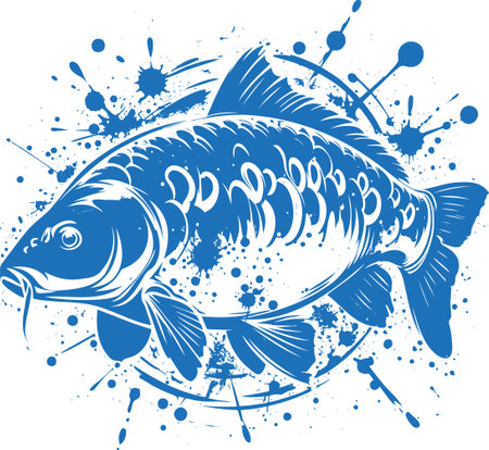 Vector monochrome illustration of big carp fish with splashes on transparent backgroundのイラスト素材