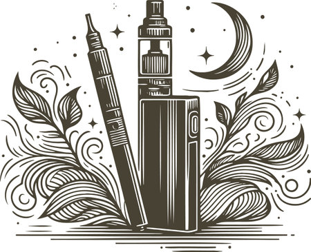 Vector illustration of e-cigarette and crescent moon in vintage styleのイラスト素材