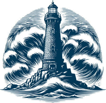 Lighthouse on the sea. Vector illustration in engraving styleのイラスト素材