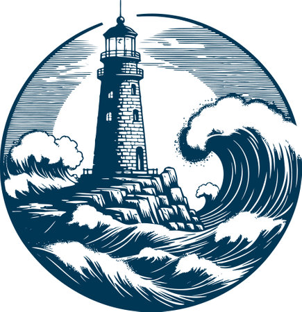 Illustration of a lighthouse and waves set inside circle on isolated backgroundのイラスト素材