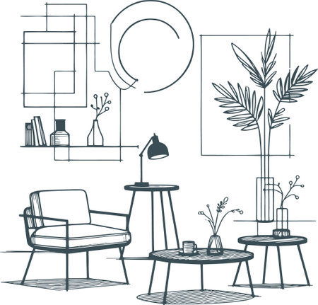 Living room interior sketch. Vector illustration of living room with furniture.のイラスト素材