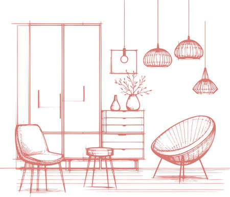 interior sketch design of living room, vector illustration eps10のイラスト素材