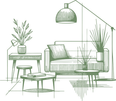 Living room sketch. Hand drawn vector illustration. Sketch of living roomのイラスト素材