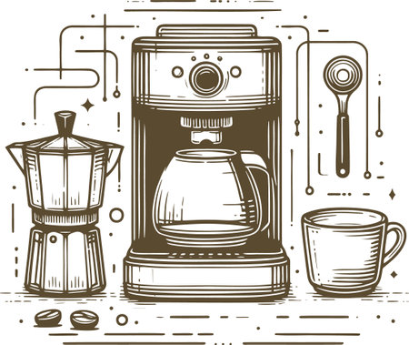 Coffee maker and coffee cup. Vector illustration in vintage style.のイラスト素材