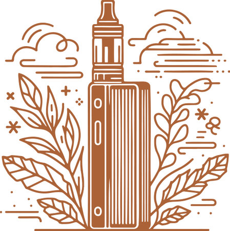 Vector illustration of electronic cigarette in line art style with leaves and cloudsのイラスト素材