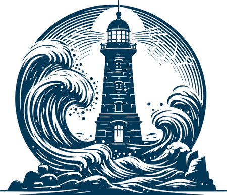 Illustration of a lighthouse on a full moon background with waves and starsのイラスト素材