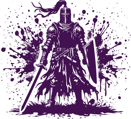 Medieval knight with sword and shield. Grunge splashes background. Vector illustration.のイラスト素材