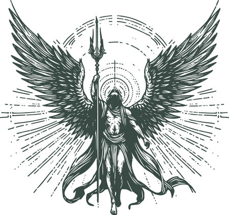 Illustration of a winged angel with a spear and arrows.のイラスト素材