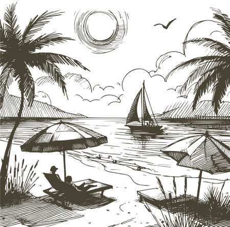 Tropical beach with palm trees, sun umbrellas and boats. Hand drawn vector illustration.のイラスト素材