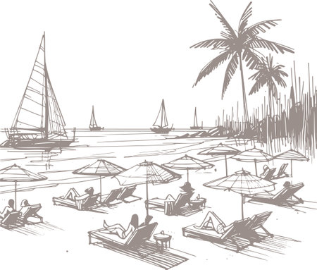 Sketch of the beach in the tropics. Vector illustrationのイラスト素材