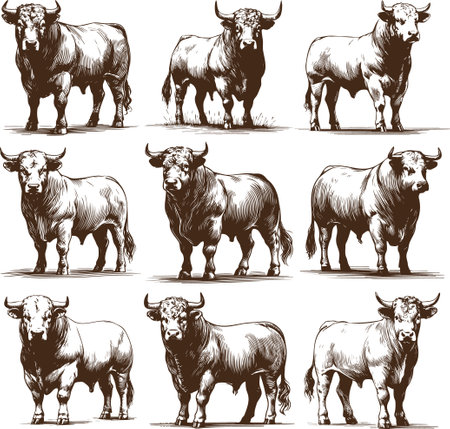 black and white vector illustration of cows and bulls in different poses setのイラスト素材