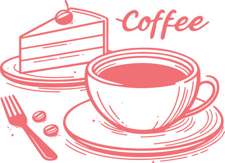 Illustration of a cup of coffee with cake in the background.のイラスト素材
