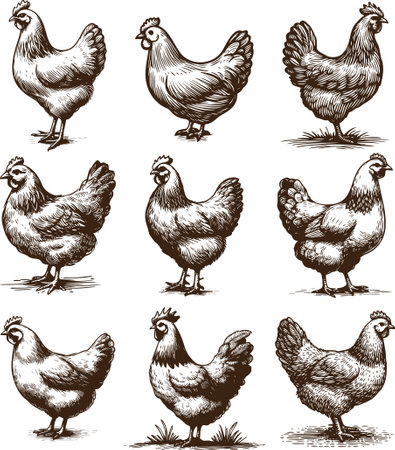 chickens and hens in sketch style. Vector illustration.のイラスト素材