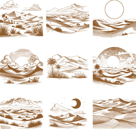 Set of landscapes in the style of engraving. Vector illustrationのイラスト素材