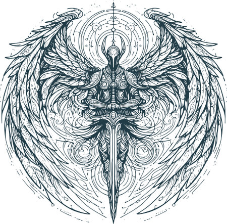 Tattoo art hand drawing of a winged sword. Vector illustration.のイラスト素材