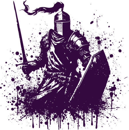 Knight sword and shield. Grunge splashes. Vector illustration.のイラスト素材