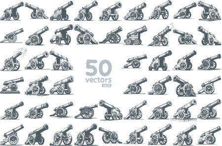 Cannon. Set of vector illustrations. Hand drawn. Isolated on white background.のイラスト素材