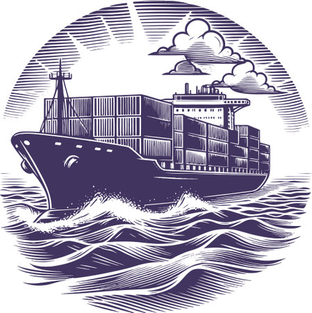 Cargo ship on the sea. Vector illustration in vintage style.のイラスト素材