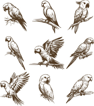 Parrots. Set of vector illustrations. Isolated on white backgroundのイラスト素材