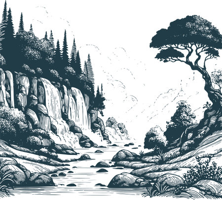Waterfall in the forest. Vector hand drawn sketch illustration in vintage style.のイラスト素材