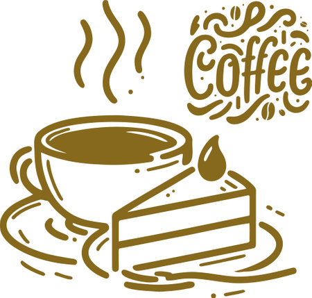 Illustration of a cup of coffee and a piece of cake on a white backgroundのイラスト素材