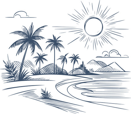 Palm trees on the beach. Hand drawn vector illustration in sketch style.のイラスト素材