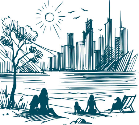 Vector illustration of a cityscape with people on the beach. Vector illustrationのイラスト素材