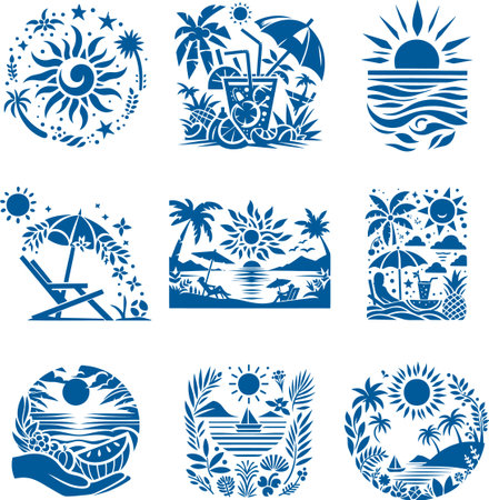 Vector set of decorative elements in the form of a stamp with the image of the sea, palm trees, sunbeds, cocktails, sun loungers.のイラスト素材
