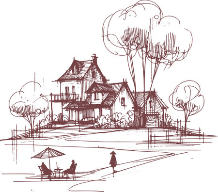 Sketch of a house on the lake. Vector illustration.のイラスト素材