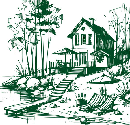 Wooden house on the bank of the river. Hand drawn vector illustration.のイラスト素材