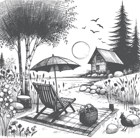 Hand drawn sketch of a country cottage on the lake. Vector illustrationのイラスト素材
