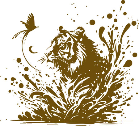 Grunge vector illustration of a tiger head with splash and butterflyのイラスト素材