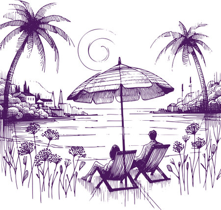 Vector hand drawn sketch of a beach with palm trees and umbrellasのイラスト素材