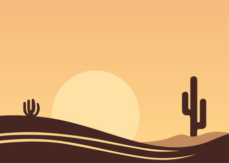 Desert landscape with cactus and sunset. Vector illustration in flat styleのイラスト素材