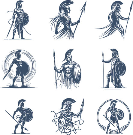 Ancient Greek warriors. Set of vector illustrations. Monochrome.のイラスト素材