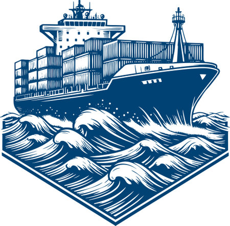 Illustration of a cargo ship sailing with sea waves set inside oval shape done in retro woodcut style.のイラスト素材
