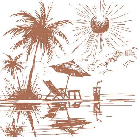 Vector hand drawn illustration of a beach with palm trees, sun and umbrellaのイラスト素材