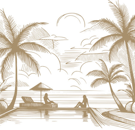 Vector hand drawn sketch of a tropical beach with palm trees and peopleのイラスト素材
