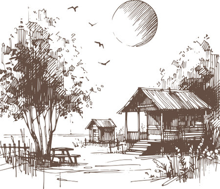Sketch of the village in the evening. Vector illustration.のイラスト素材
