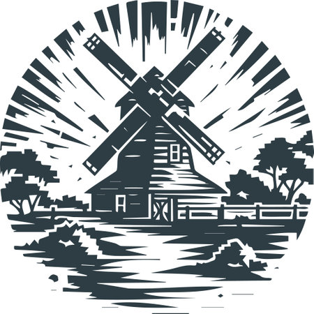 Illustration of a windmill set inside circle done in retro woodcut style.のイラスト素材