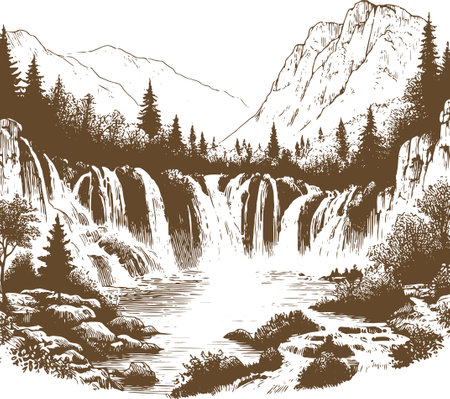 Waterfall in the mountains. Vector illustration. Monochrome.のイラスト素材