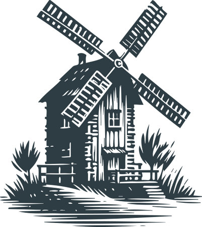 Illustration of a windmill on isolated white background done in retro woodcut style.のイラスト素材